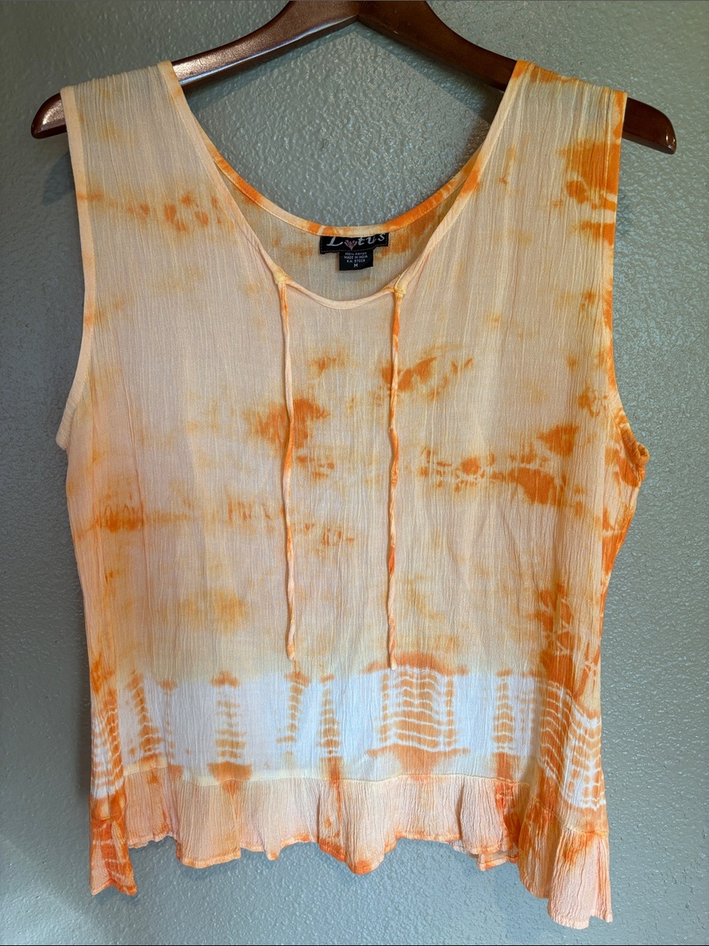 Lotus Boho Tie Dye Crinkle Rayon Ruffle Top Orange Cream M